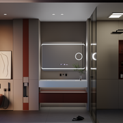 Specchio rettangolare a LED, 120x80 cm, definizione MotionGlow Marcello, sistema antiappannamento, orologio e termometro, lente d'ingrandimento cosmetica, specchi Marcello dimmerabili Titolo predefinito Alessandro Design