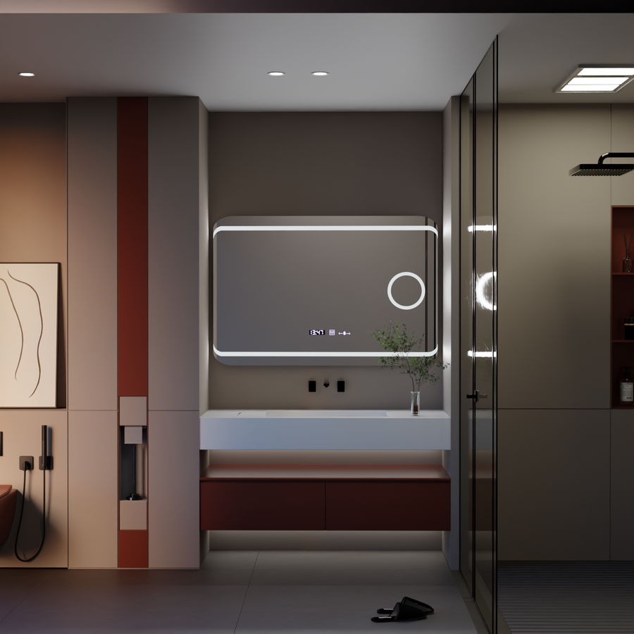 Specchio rettangolare a LED, 120x80 cm, definizione MotionGlow Marcello, sistema antiappannamento, orologio e termometro, lente d'ingrandimento cosmetica, specchi Marcello dimmerabili Titolo predefinito Alessandro Design