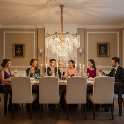 Lampadario Cristallo VETRA Eleganza 9xE14, D50 cm, Oro, Altezza Regolabile, Metallo e Cristallo