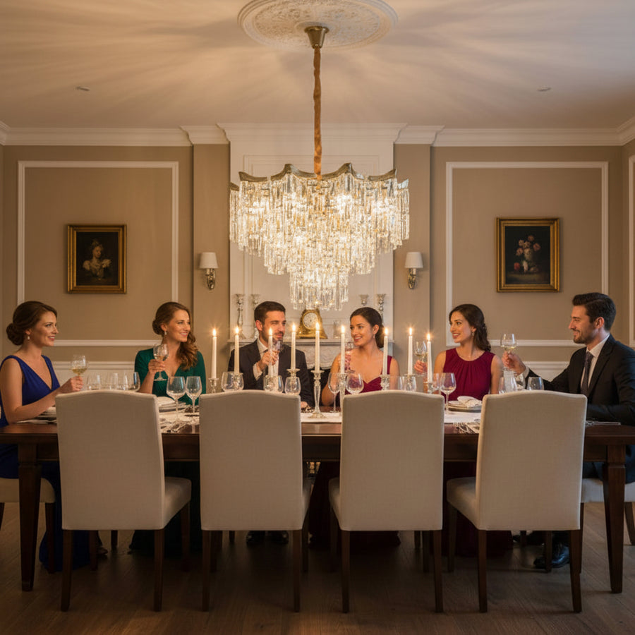 Lampadario Cristallo VETRA Eleganza 9xE14, D50 cm, Oro, Altezza Regolabile, Metallo e Cristallo