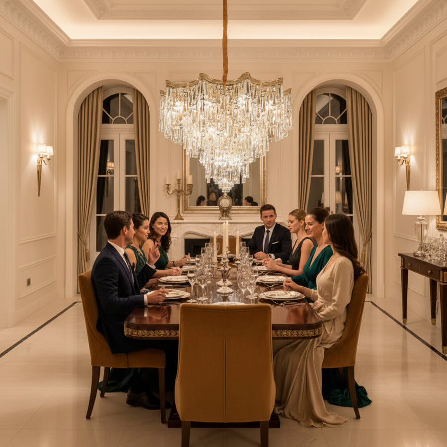 Lampadario Cristallo VETRA Magno 10xE14, D60 cm, Oro, Altezza Regolabile, Metallo e Cristallo
