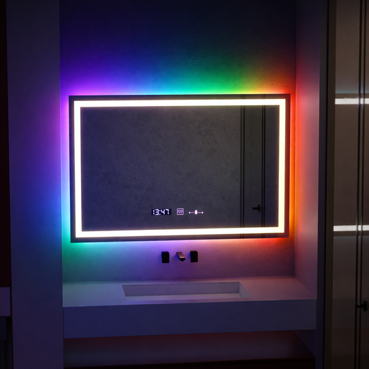 Specchio rettangolare a LED, 100x60 cm, Verite MotionGlow Marcello, sistema antiappannamento, orologio e termometro, dimmerabile, W09/100X60BTRGB Marcello Mirrors Titolo predefinito Alessandro Design