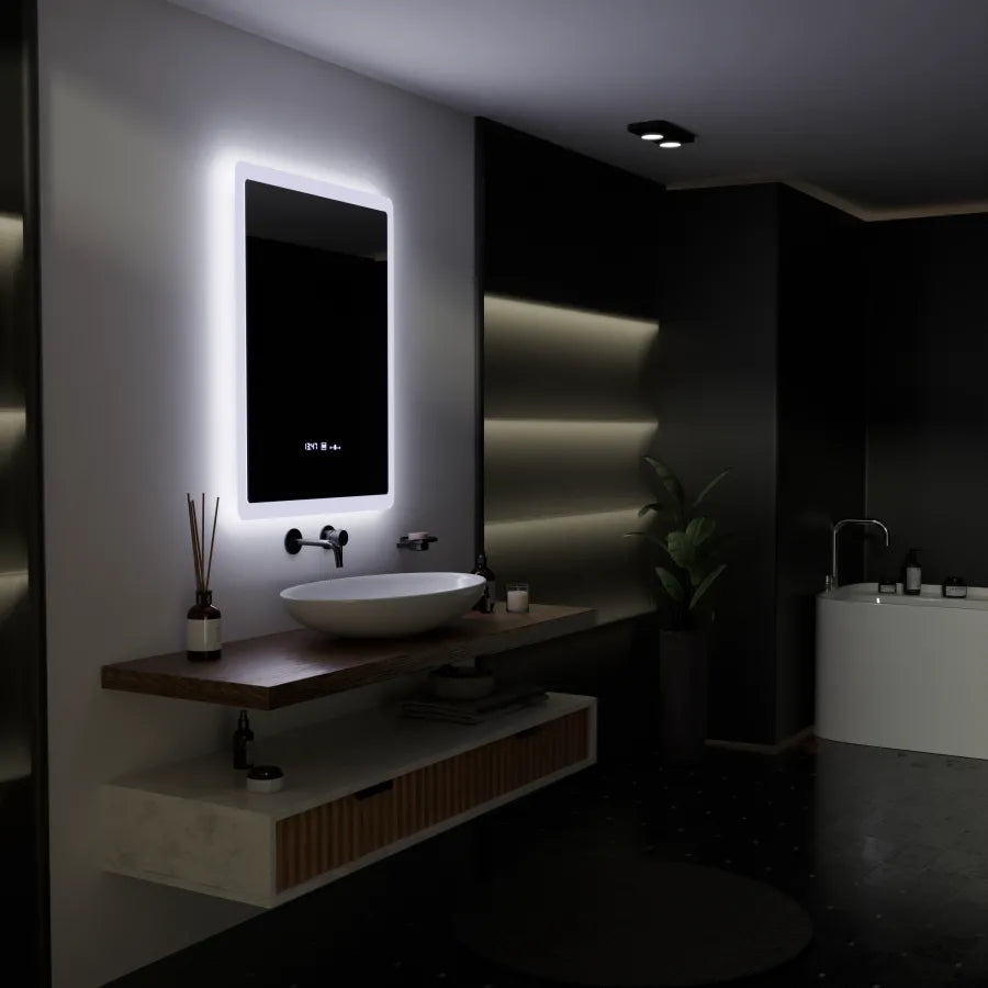 Specchio rettangolare a LED, 60x80 cm, sensore ELANCEE MotionGlow Marcello, sistema antiappannamento, orologio e termometro, specchi dimmerabili Titolo predefinito Marcello Alessandro Design