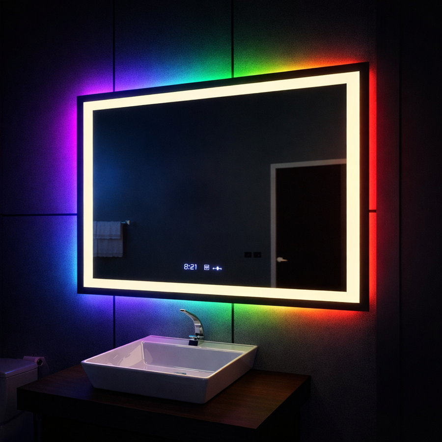 Specchio rettangolare a LED, 100x60 cm, Verite MotionGlow Marcello, sistema antiappannamento, orologio e termometro, dimmerabile, W09/100X60BTRGB Marcello Mirrors Titolo predefinito Alessandro Design