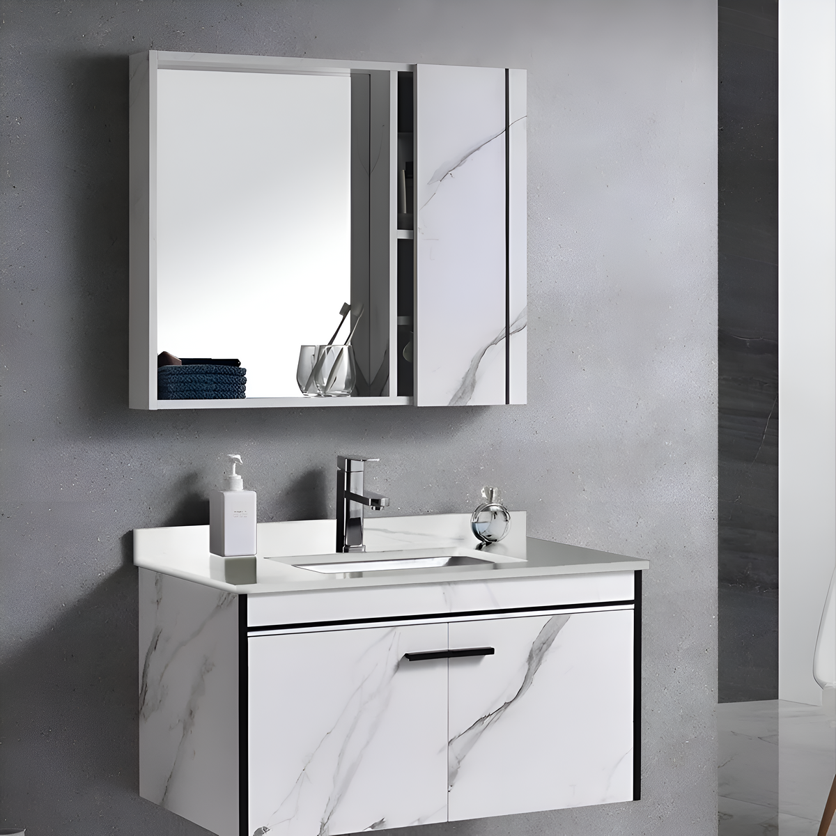 Set mobili da bagno CORFU, 80x48 cm, 2 pezzi, mobili da bagno in bianco e nero Titolo predefinito Alessandro Design