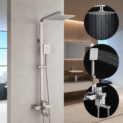 SET Colonna doccia con rubinetto, Acciaio inox, pera quadra, effetto pioggia, 3 funzioni, fissaggio a parete, Finitura satinata, Accessori inclusi, LY005