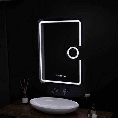 Specchio rettangolare a LED, 50x70 cm, Eclat MotionGlow Marcello, sistema antiappannamento, orologio e termometro, lente d'ingrandimento cosmetica, specchi Marcello dimmerabili Titolo predefinito Alessandro Design