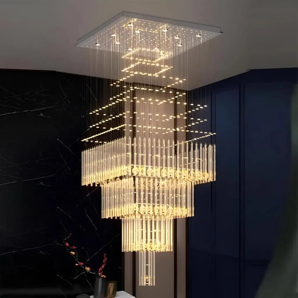 Lampadario LED in Cristallo 80W FLORENTIA Oro, Diametro 50cm, Altezza 200cm, Modello Scala Lampadario in Cristallo Titolo predefinito Alessandro Design