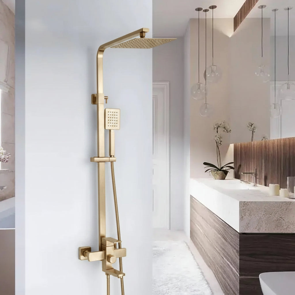 SET Colonna doccia con rubinetto, Acciaio inox, Doccia quadra, Effetto pioggia, 3 funzioni, Montaggio a parete, Finitura oro spazzolato, Accessori inclusi Rubinetti e colonne doccia Titolo predefinito Alessandro Design