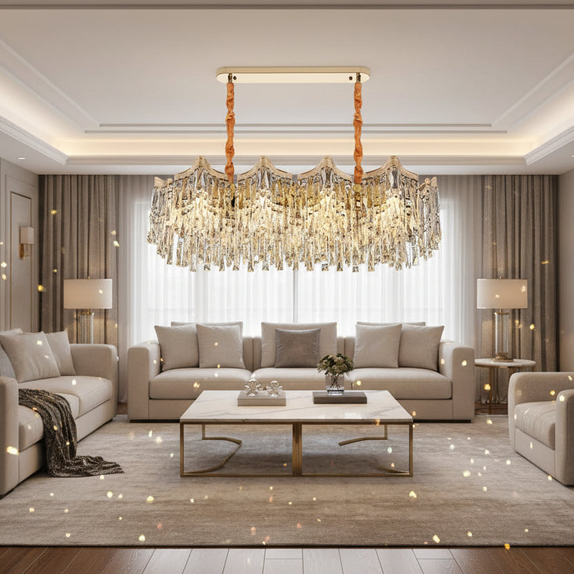 Lampadario Cristallo VETRA Supremo 15xE14, 100x35 cm, Oro, Altezza Regolabile, Metallo e Cristallo