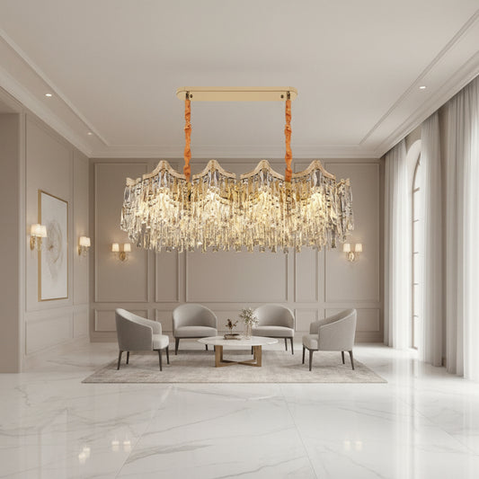 Lampadario Cristallo VETRA Supremo 15xE14, 100x35 cm, Oro, Altezza Regolabile, Metallo e Cristallo