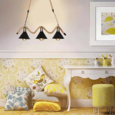 Lampadario in corda, 3*E27, marrone, metallo e corda