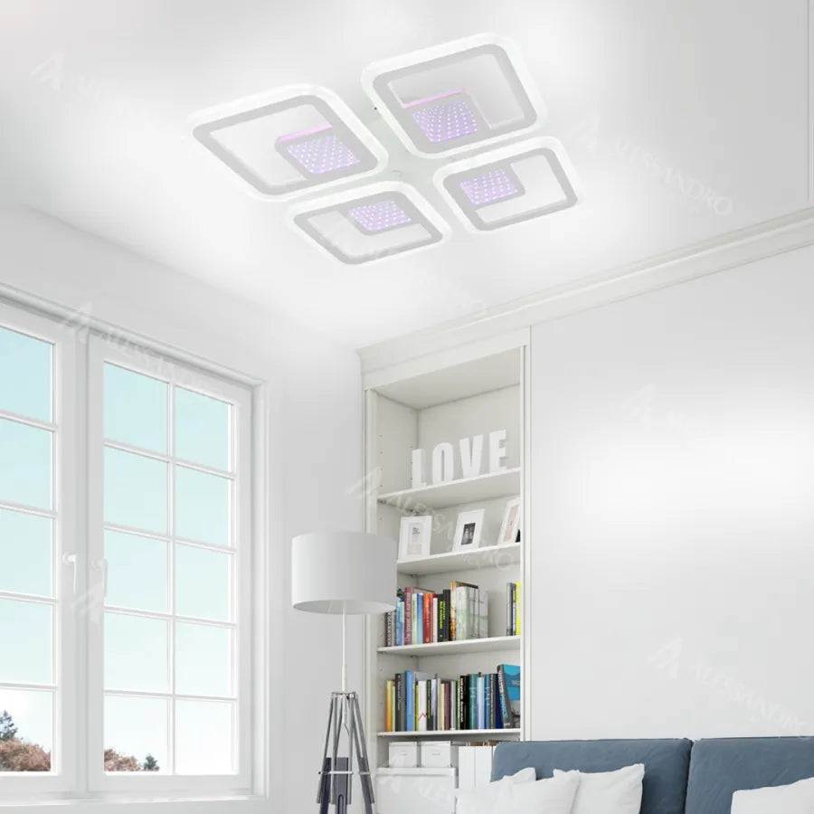 Lustra LED cu telecomanda CHAI 3D 104W, 4 Patrate, lumina Rece/Calda/Neutra, Dimabila, Alb