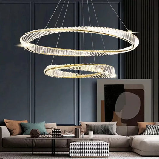 Lampadario a sospensione LED con telecomando e cristallo CAIRO 98W, 2 Cerchi, Luce Fredda/Calda/Neutra, Dimmerabile, Oro Lucido, Lampadari LED in Cristallo Regolabili in Altezza Titolo predefinito Alessandro Design