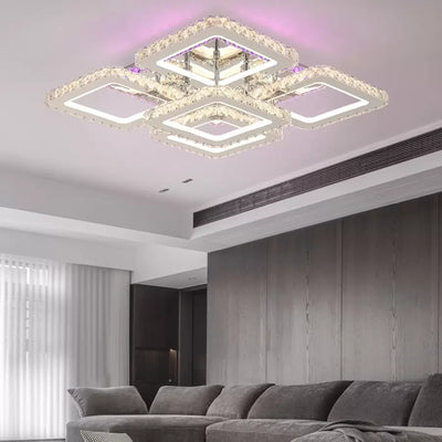 Lustra LED cu telecomanda cu cristal QUADRIA SUPREMO RGB, 143W, 5 Patrate, lumina Rece/Calda/Neutra, Dimabila, Crom Lucios