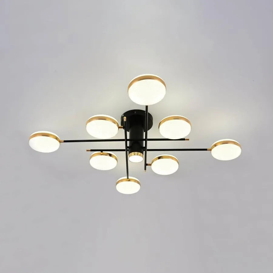Lustra LED cu telecomanda si cristal MISEL 154W, 9 Elemente, lumina Rece/Calda/Neutra, Dimabila, Negru Auriu