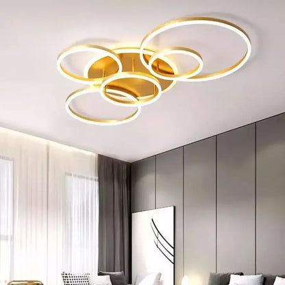 Lampadario LED con telecomando LYRA 248W, 5 Cerchi, Luce Fredda/Calda/Neutra, Dimmerabile, Lampadari LED Oro Spazzolato con Telecomando Titolo predefinito Alessandro Design