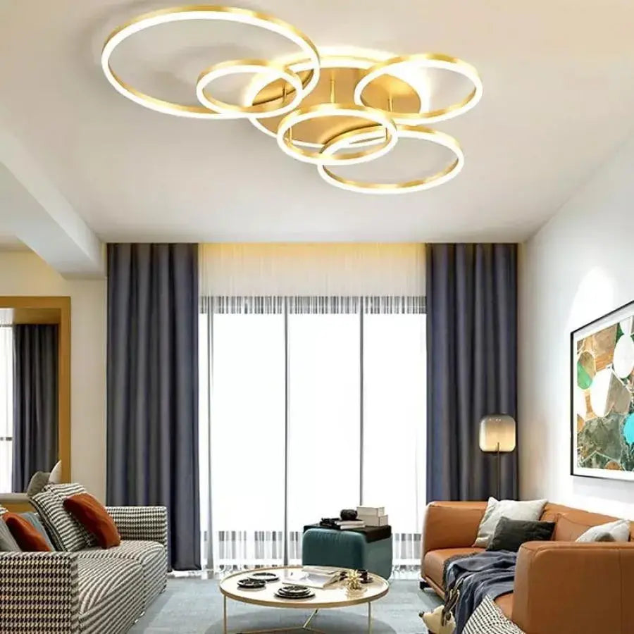 Lampadario LED con telecomando LYRA 248W, 5 Cerchi, Luce Fredda/Calda/Neutra, Dimmerabile, Lampadari LED Oro Spazzolato con Telecomando Titolo predefinito Alessandro Design