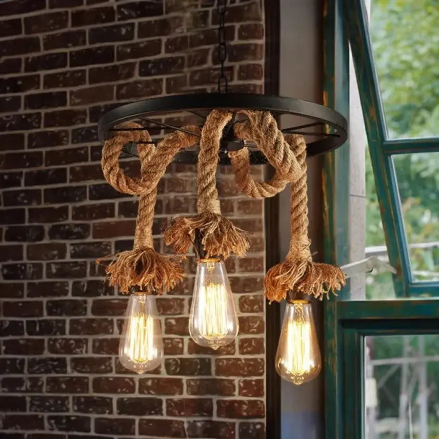 Lampadario a ruota, 3*E27, Marrone, Metallo e Corda Lampadari vintage Titolo predefinito Alessandro Design