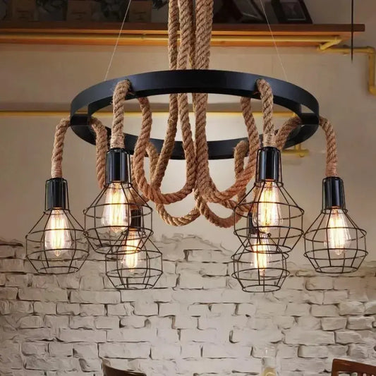 Andy Chandelier 6x E27 Lampadari vintage in metallo e corda marrone Titolo predefinito Alessandro Design