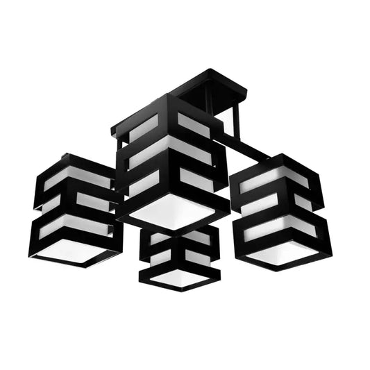 VANJA Lampadario in Legno, Paralume Quadrato, 4 Attacchi E27, Lampadari Classici Bianco/Nero Titolo predefinito Alessandro Design