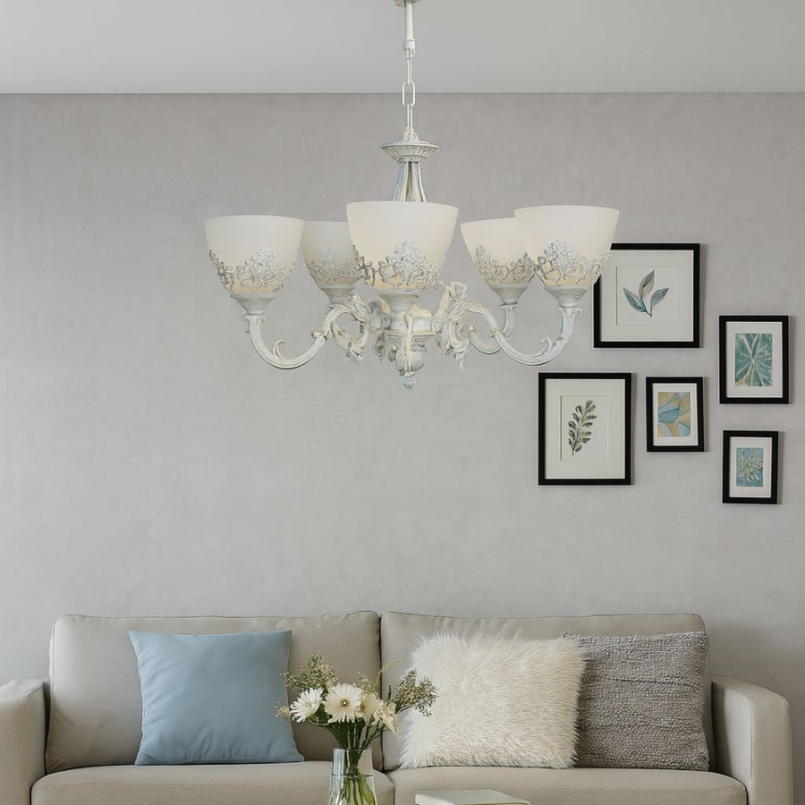 Lampadario VINTAGE, Tipologia a sospensione con bracci, COTTAGE, Circolare, 5xE27, Vetro e metallo, Lampadari classici bianchi Titolo predefinito Alessandro Design