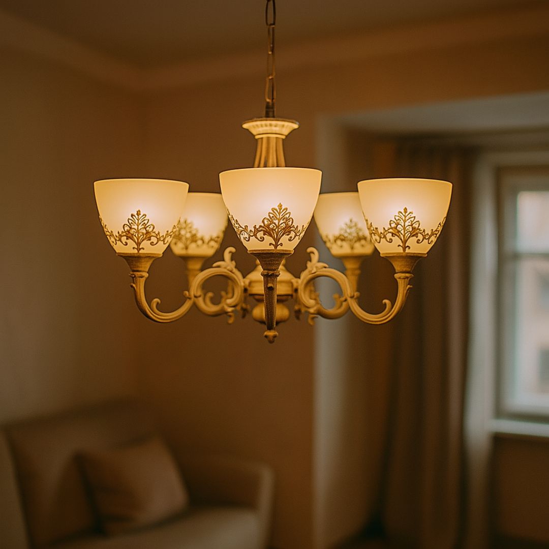 Lampadario VINTAGE, Tipologia a sospensione con bracci, COTTAGE, Circolare, 5xE27, Vetro e metallo, Lampadari classici bianchi Titolo predefinito Alessandro Design