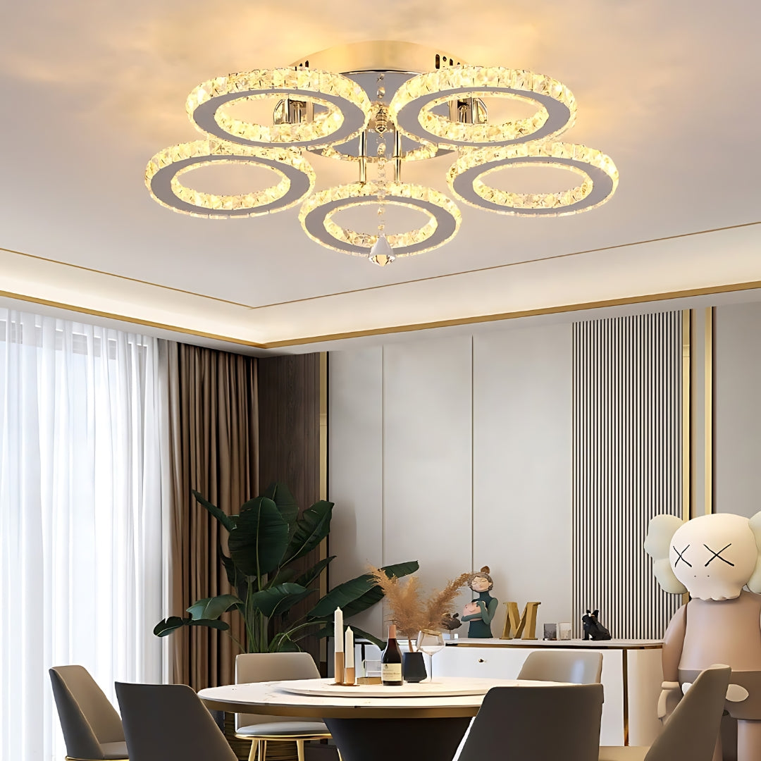 Lustra LED cu telecomanda si cristal ALANUBIS 80W, 5 Cercuri, lumina Rece/Calda/Neutra, Dimabila, Crom Lucios Lustre LED Cristal Default Title Alessandro Design