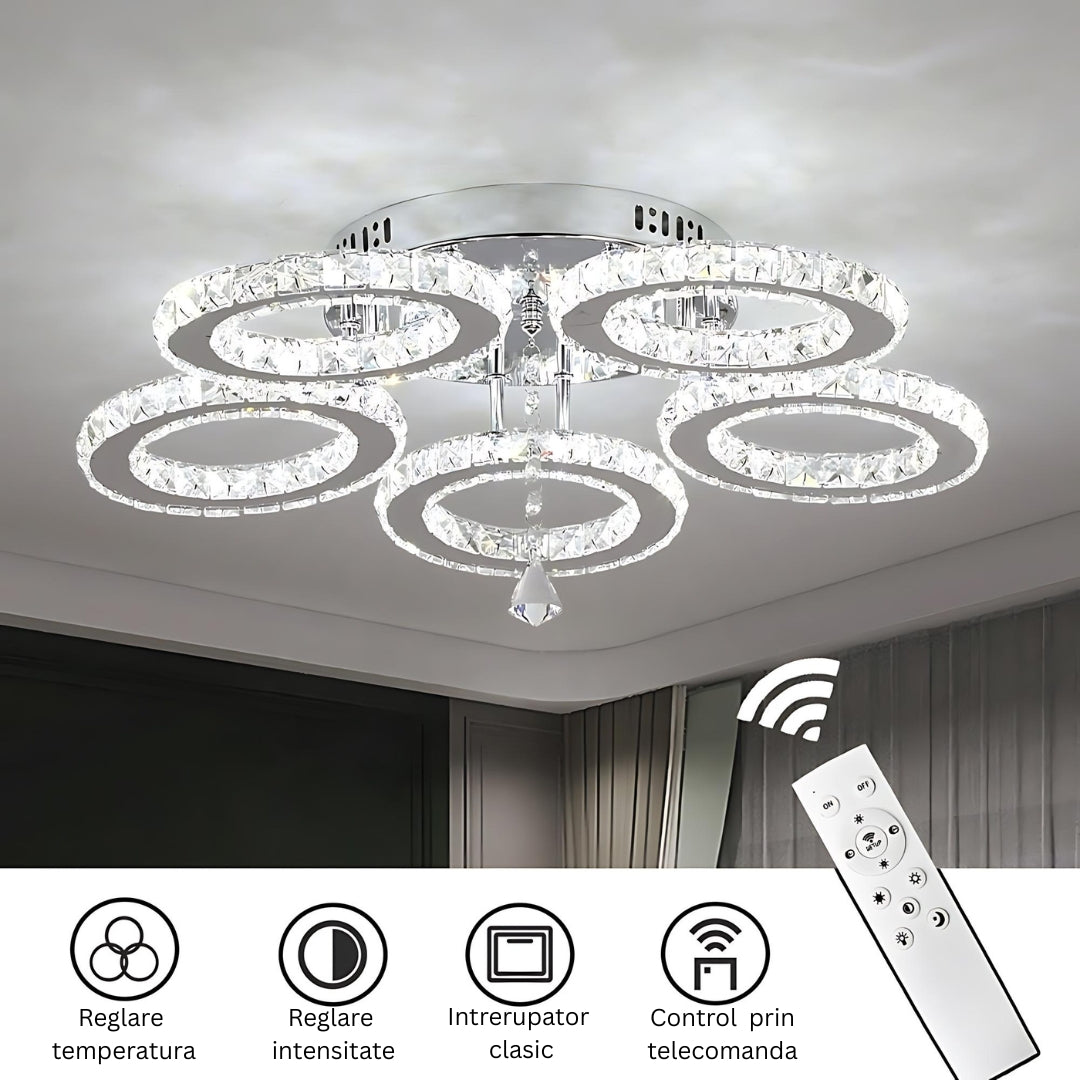 Lustra LED cu telecomanda si cristal ALANUBIS 80W, 5 Cercuri, lumina Rece/Calda/Neutra, Dimabila, Crom Lucios Lustre LED Cristal Default Title Alessandro Design