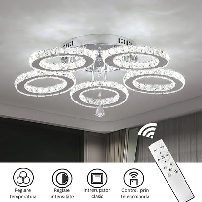 Lustra LED cu telecomanda si cristal ALANUBIS 80W, 5 Cercuri, lumina Rece/Calda/Neutra, Dimabila, Crom Lucios Lustre LED Cristal Default Title Alessandro Design