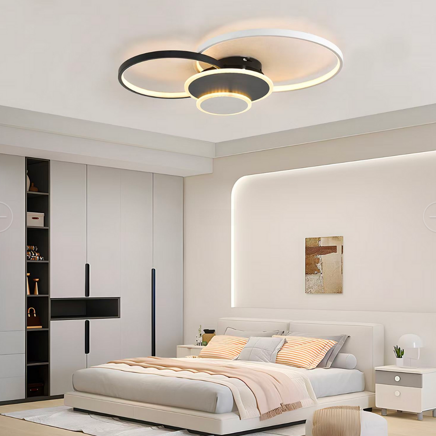 Lampadario LED con telecomando KILLIAN 80W, 4 Cerchi, Luce Fredda/Calda/Neutra, Dimmerabile, Lampadari LED Bianco Nero con Telecomando Titolo predefinito Alessandro Design