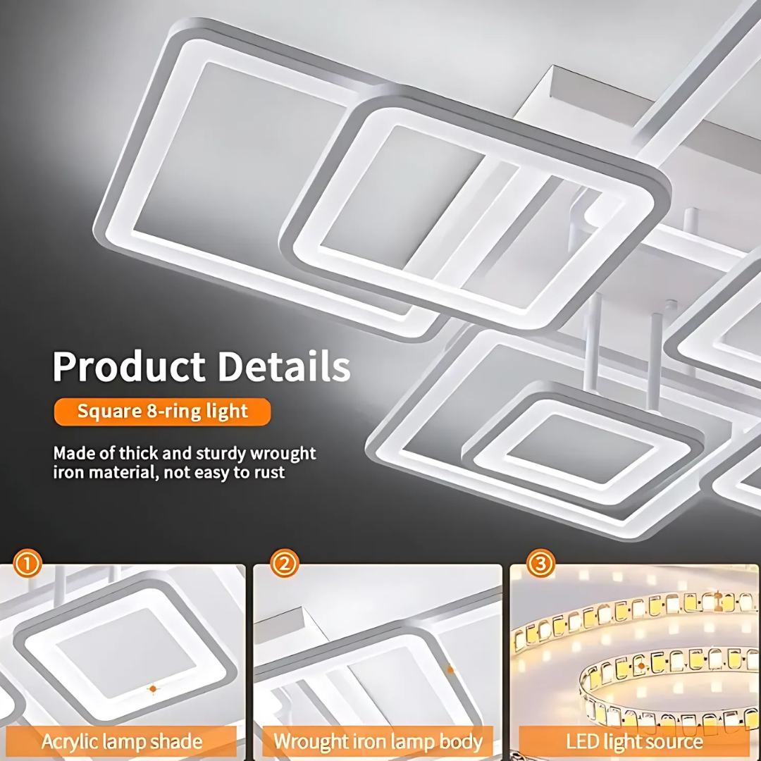 Lampadario a LED con telecomando ELLA 187W, 8 Quadrati, Luce Fredda/Calda/Neutra, Dimmerabile, Lampadario a LED Bianco con telecomando Titolo predefinito Alessandro Design
