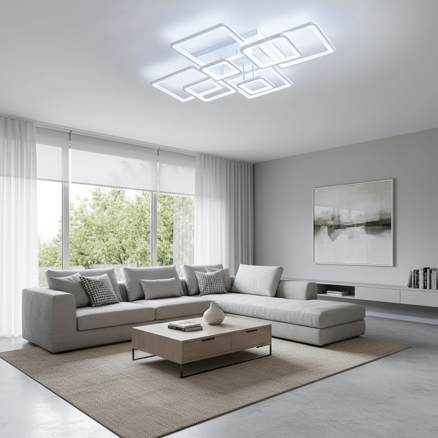 Lampadario a LED con telecomando ELLA 187W, 8 Quadrati, Luce Fredda/Calda/Neutra, Dimmerabile, Lampadario a LED Bianco con telecomando Titolo predefinito Alessandro Design