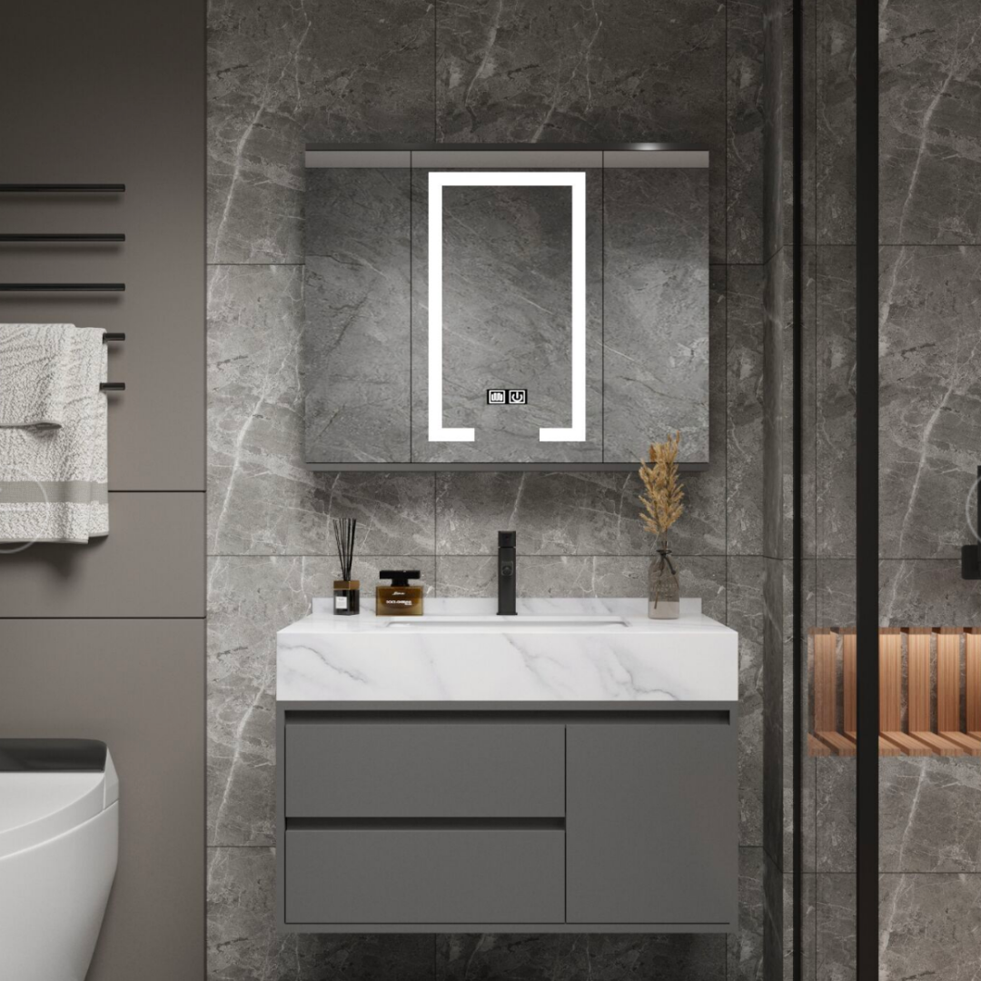 SANTORINI Set Mobili da Bagno, Mobile Lavabo + Mobile Specchio 80 cm, 2 Pezzi, Mobili Bagno Grigio e Bianco Titolo predefinito Alessandro Design