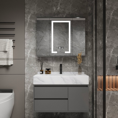 Set di mobili da bagno SANTORINI, mobile lavabo + mobile a specchio 80 cm, 2 pezzi, grigio e bianco