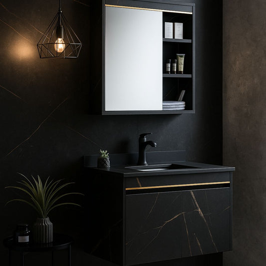 Set Mobili Bagno MARBLE, Mobile Lavabo+Armadietto Specchio 60 cm, 2 Pezzi, Mobili Bagno Nero Titolo predefinito Alessandro Design