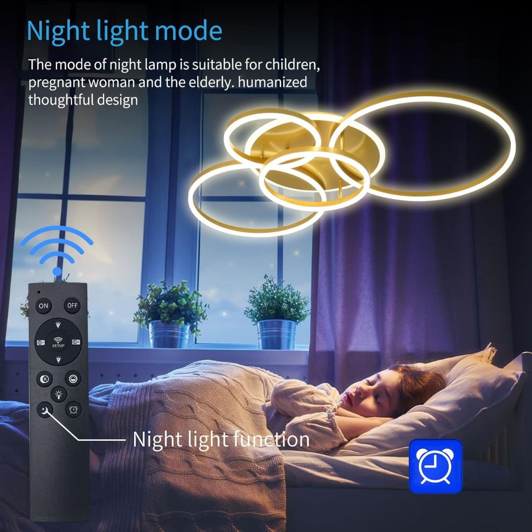 Lampadario LED con Telecomando RINOVA, 4 Cerchi, 112W, Luce Calda/Fredda/Neutra, Dimmerabile, Lampadari LED Oro con Telecomando Titolo predefinito Alessandro Design