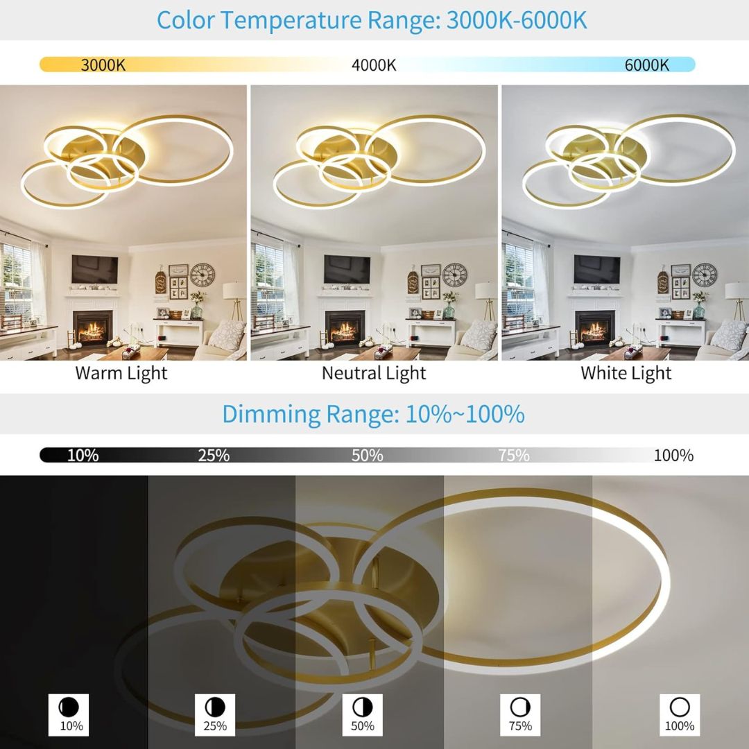 Lampadario LED con Telecomando RINOVA, 4 Cerchi, 112W, Luce Calda/Fredda/Neutra, Dimmerabile, Lampadari LED Oro con Telecomando Titolo predefinito Alessandro Design