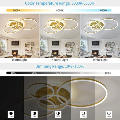 Lampadario LED con Telecomando RINOVA, 4 Cerchi, 112W, Luce Calda/Fredda/Neutra, Dimmerabile, Lampadari LED Oro con Telecomando Titolo predefinito Alessandro Design