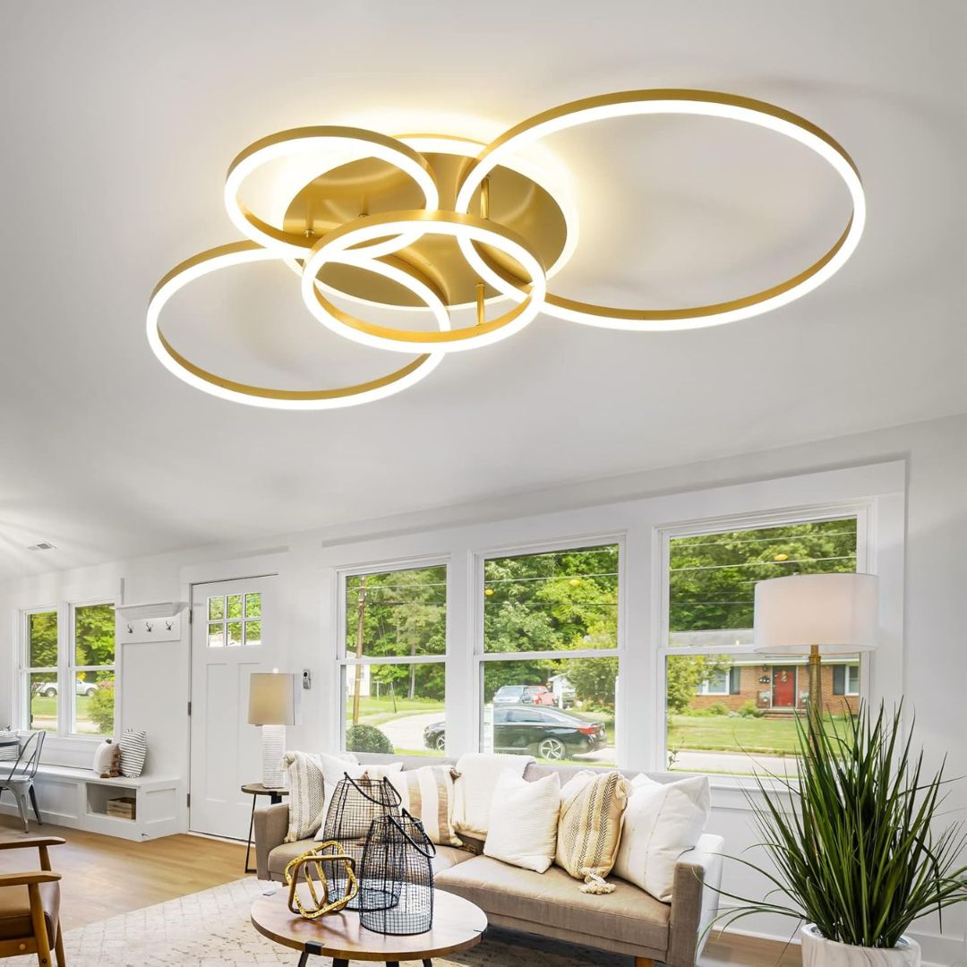 Lampadario LED con Telecomando RINOVA, 4 Cerchi, 112W, Luce Calda/Fredda/Neutra, Dimmerabile, Lampadari LED Oro con Telecomando Titolo predefinito Alessandro Design