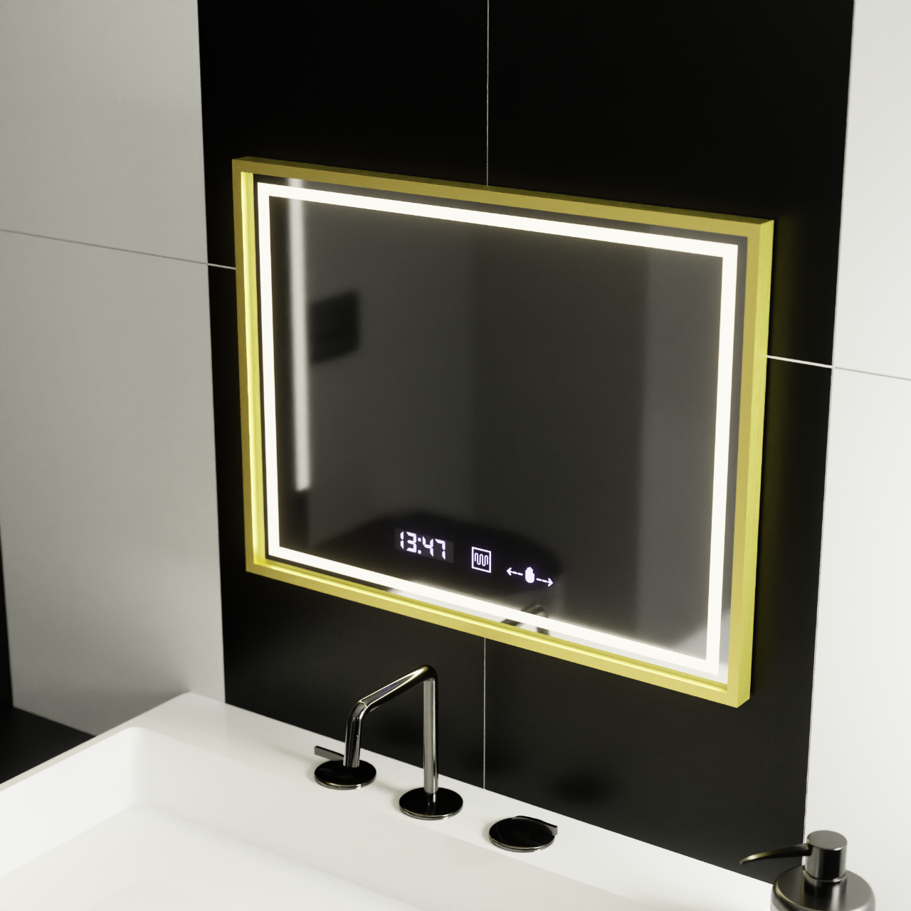 Specchio rettangolare a LED, 80x60 cm, Verite Royale Gold MotionGlow Marcello, sistema antiappannamento, orologio e termometro, specchi dimmerabili Marcello Titolo predefinito Alessandro Design