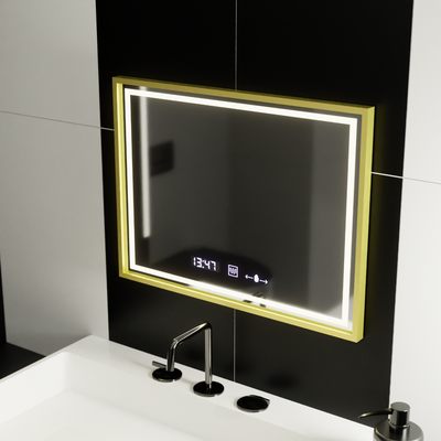 Specchio rettangolare a LED, 80x60 cm, Verite Royale Gold MotionGlow Marcello, sistema antiappannante, orologio e termometro, dimmerabile