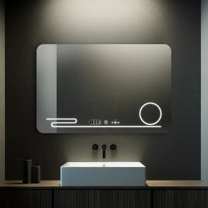 Specchio rettangolare a LED, 100x60 cm, Harmonie MotionGlow Marcello, sistema antiappannamento, orologio e termometro, lente d'ingrandimento cosmetica, specchi Marcello dimmerabili Titolo predefinito Alessandro Design
