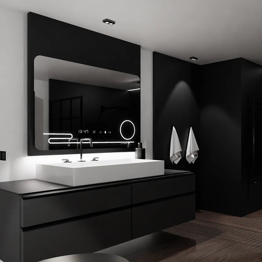 Specchio rettangolare a LED, 120x80 cm, Harmonie MotionGlow Marcello, sistema antiappannamento, orologio e termometro, lente d'ingrandimento cosmetica, specchi dimmerabili Marcello Titolo predefinito Alessandro Design