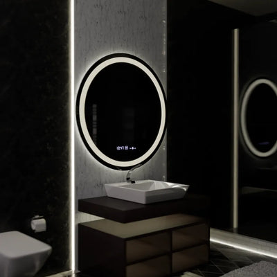 Specchio rotondo a LED, 100 cm, Celeste MotionGlow Marcello, sistema antiappannamento, orologio e termometro, dimmerabile