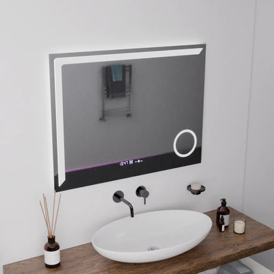 Specchio LED rettangolare, 80x60 cm, Precision MotionGlow Marcello, sistema antiappannamento, orologio e termometro, lente d'ingrandimento cosmetica, dimmerabile
