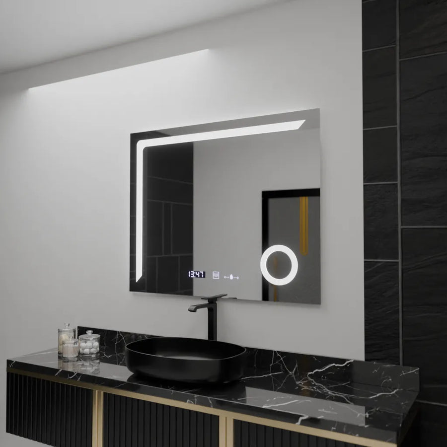 Specchio rettangolare a LED, 100x80 cm, Precision MotionGlow Marcello, sistema antiappannamento, orologio e termometro, lente d'ingrandimento cosmetica, specchi dimmerabili Marcello Titolo predefinito Alessandro Design