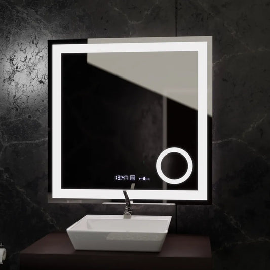 Specchio rettangolare a LED, 80x80 cm, Souverain MotionGlow Marcello, sistema antiappannamento, orologio e termometro, lente d'ingrandimento cosmetica, specchi Marcello dimmerabili Titolo predefinito Alessandro Design