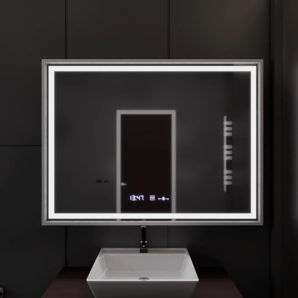 Specchio rettangolare a LED, 120x80 cm, Verite Imperial Silver Motion Glow Marcello, sistema antiappannamento, orologio e termometro, specchi dimmerabili Marcello Titolo predefinito Alessandro Design