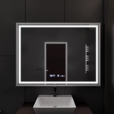 Specchio rettangolare a LED, 120x80 cm, Verite Imperial Silver Motion Glow Marcello, sistema antiappannamento, orologio e termometro, dimmerabile